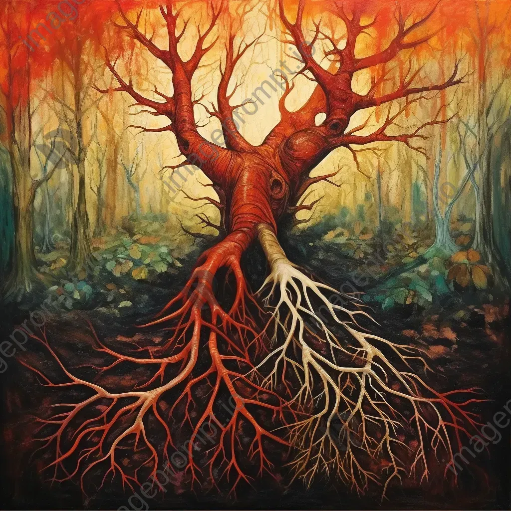 Surrealist painting of intertwined tree roots symbolizing deep love - Image 1