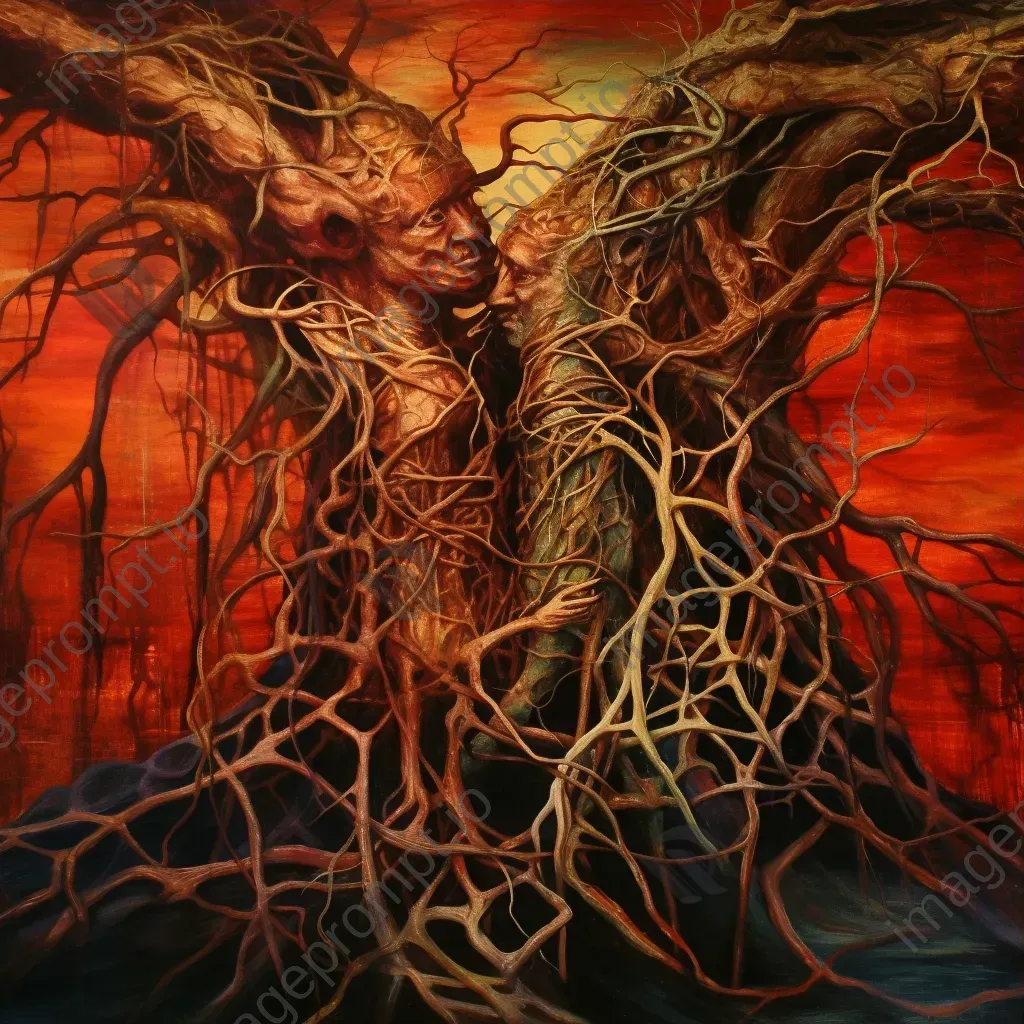 Surrealist painting of intertwined tree roots symbolizing deep love - Image 3