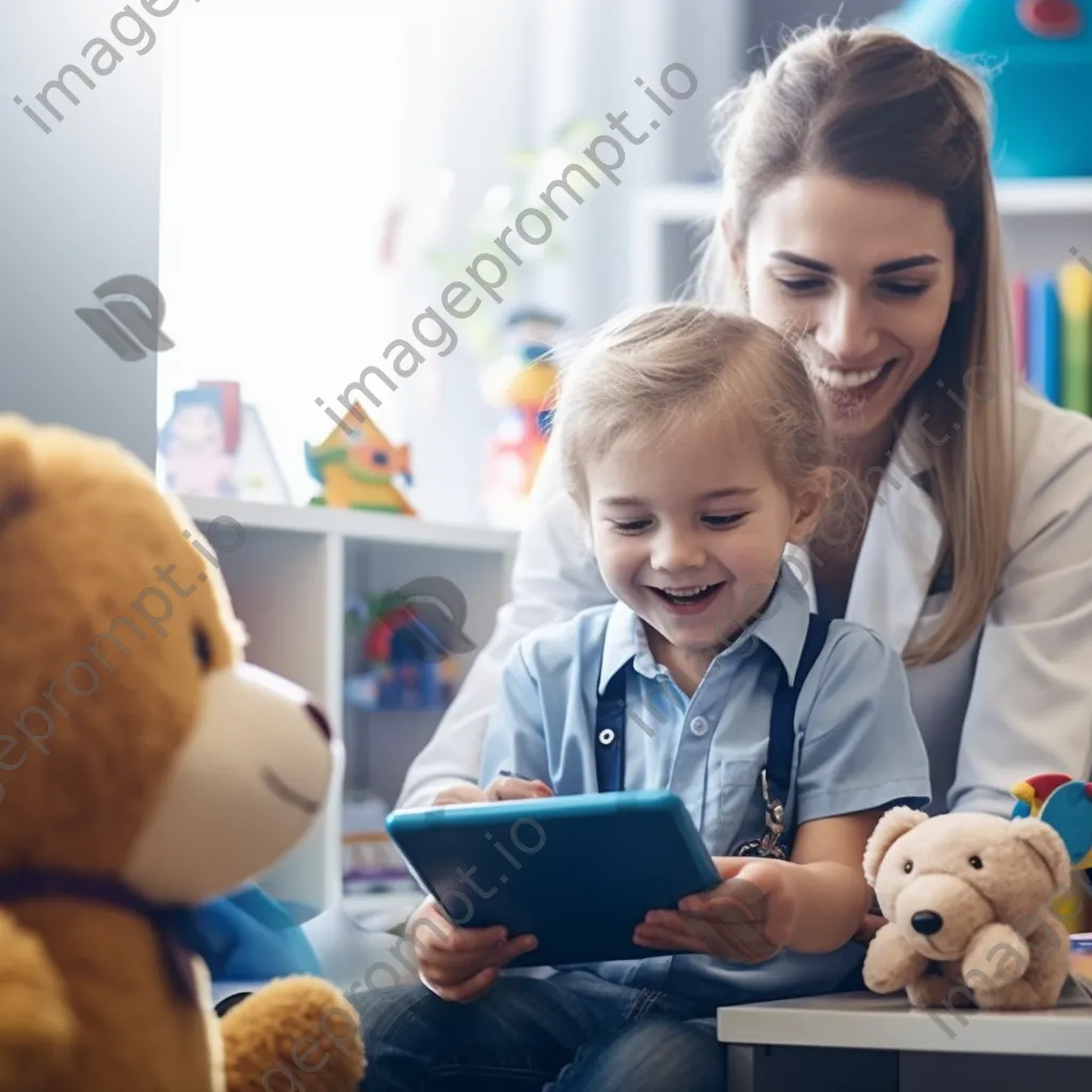 Child engaging in a pediatric telemedicine session with a colorful room background. - Image 4