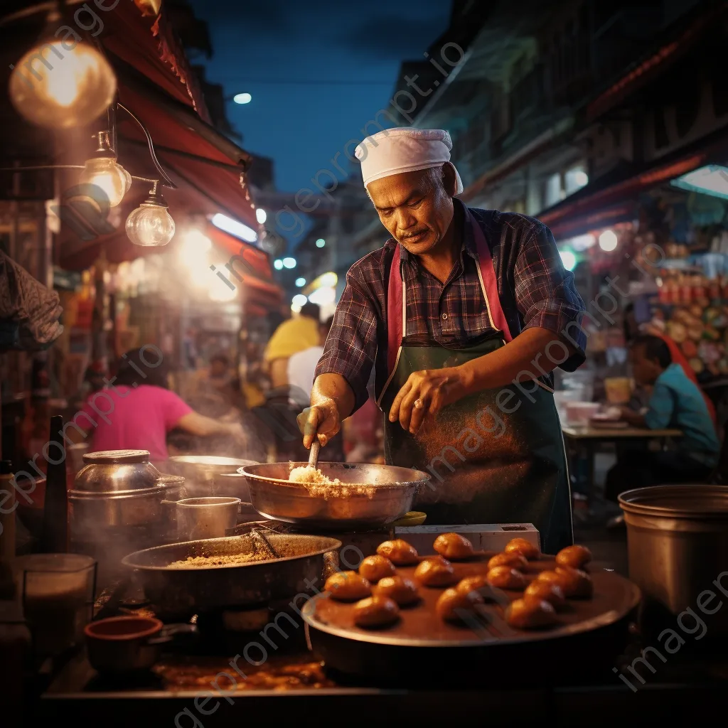 Vendor frying traditional doughnuts on a busy city street. - Image 1