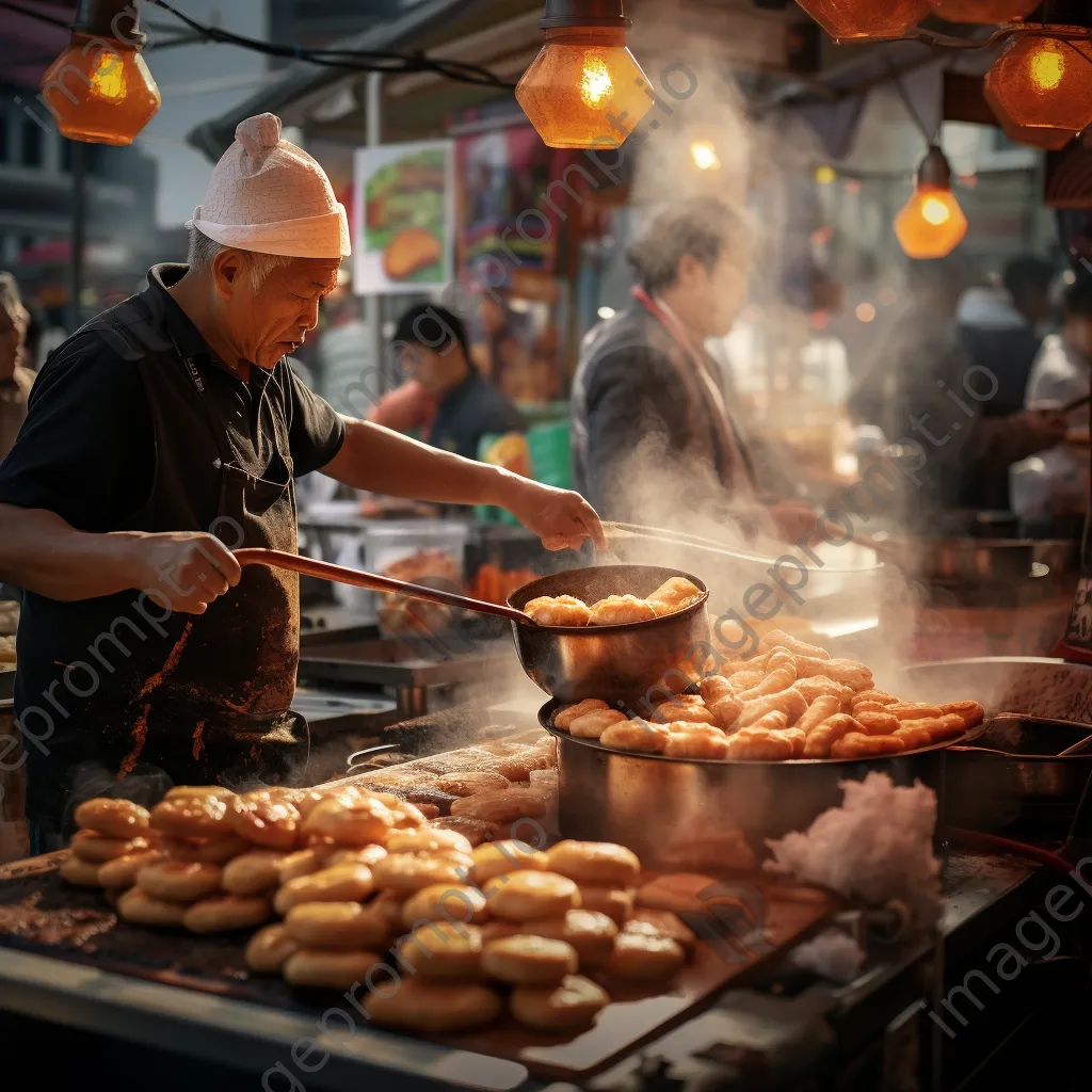 Vendor frying traditional doughnuts on a busy city street. - Image 2