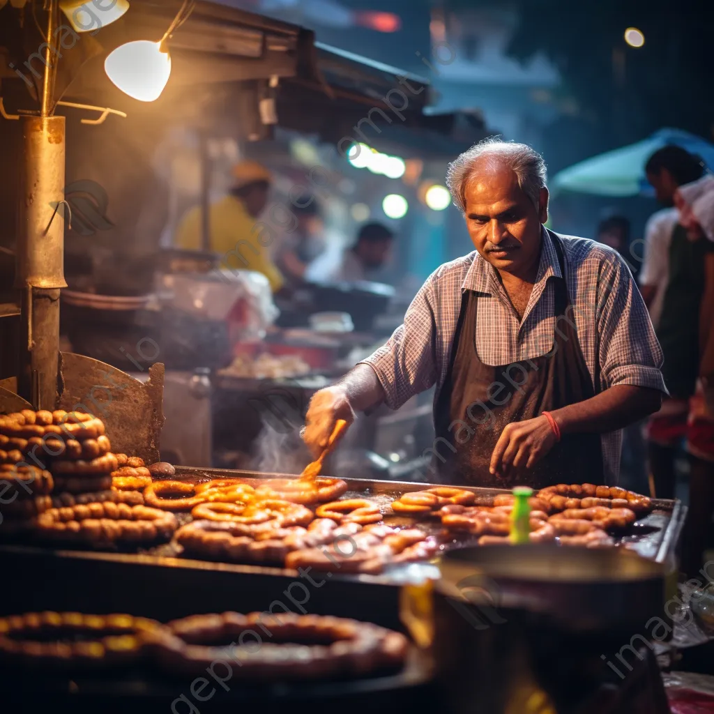 Vendor frying traditional doughnuts on a busy city street. - Image 3