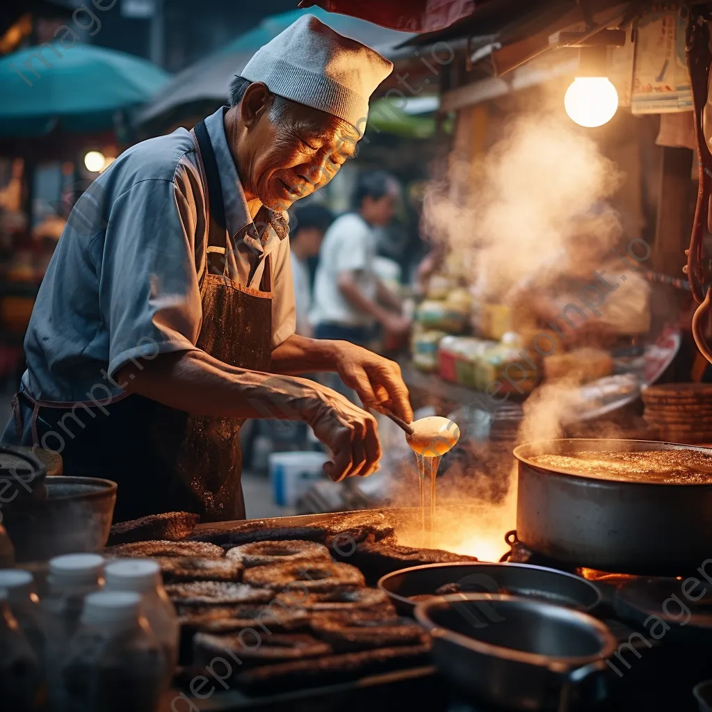 Vendor frying traditional doughnuts on a busy city street. - Image 4