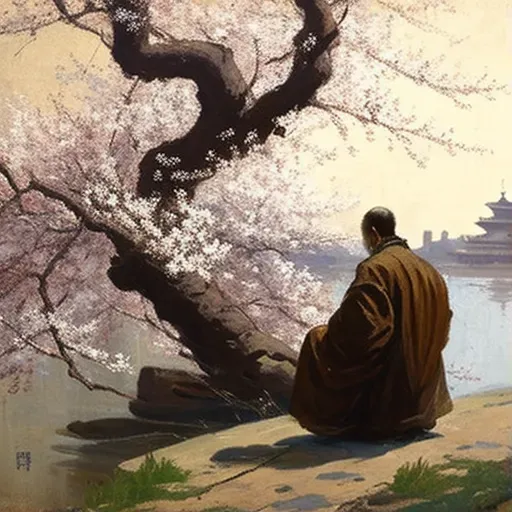 Image of a peaceful scene with a single monk meditating under a blooming cherry blossom tree - Image 1