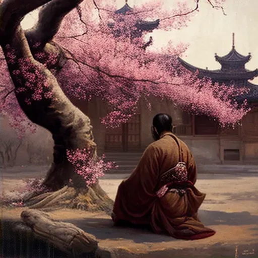 Image of a peaceful scene with a single monk meditating under a blooming cherry blossom tree - Image 2