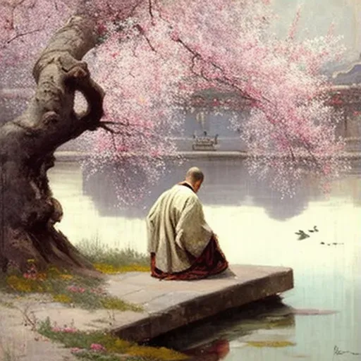 Peaceful Meditating Monk under Blooming Cherry Blossom Tree