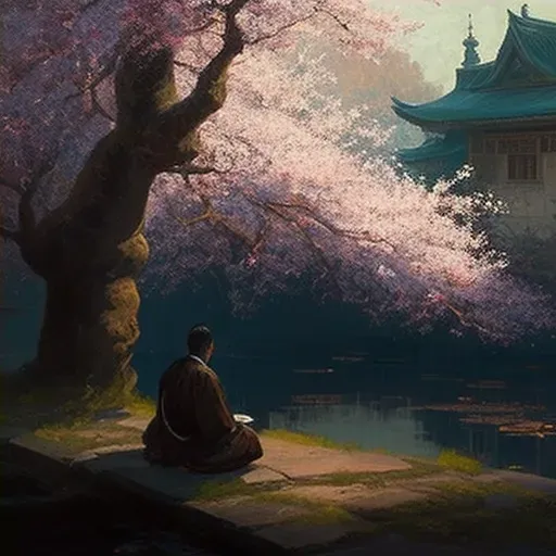 Image of a peaceful scene with a single monk meditating under a blooming cherry blossom tree - Image 4