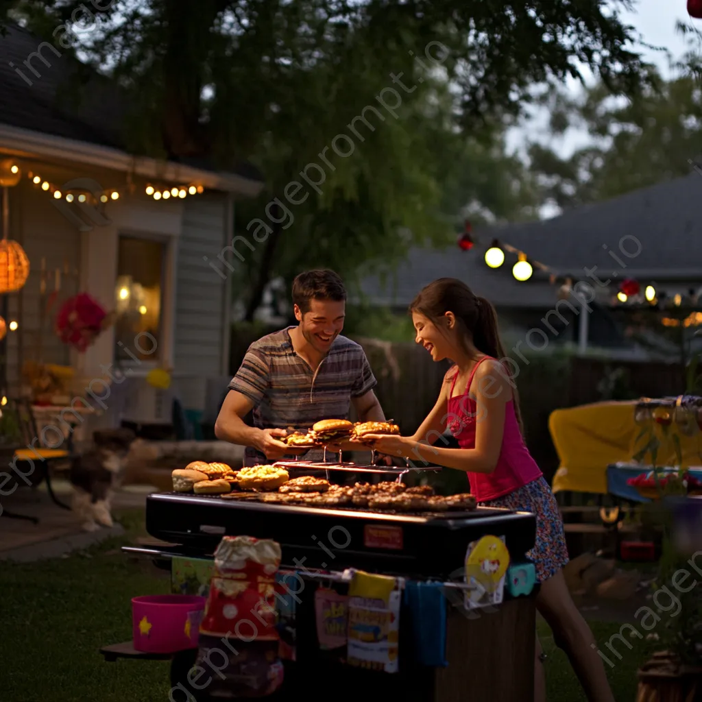 Family grilling burgers together in a backyard - Image 1