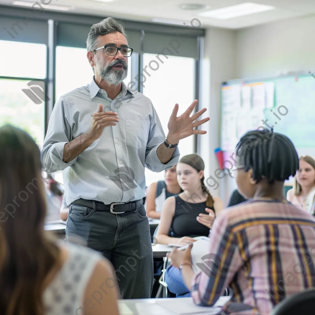 Professor leading a dynamic discussion with engaged students in class. - Image 1