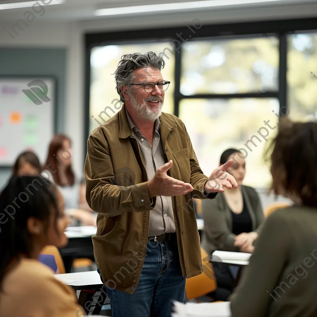 Professor leading a dynamic discussion with engaged students in class. - Image 2