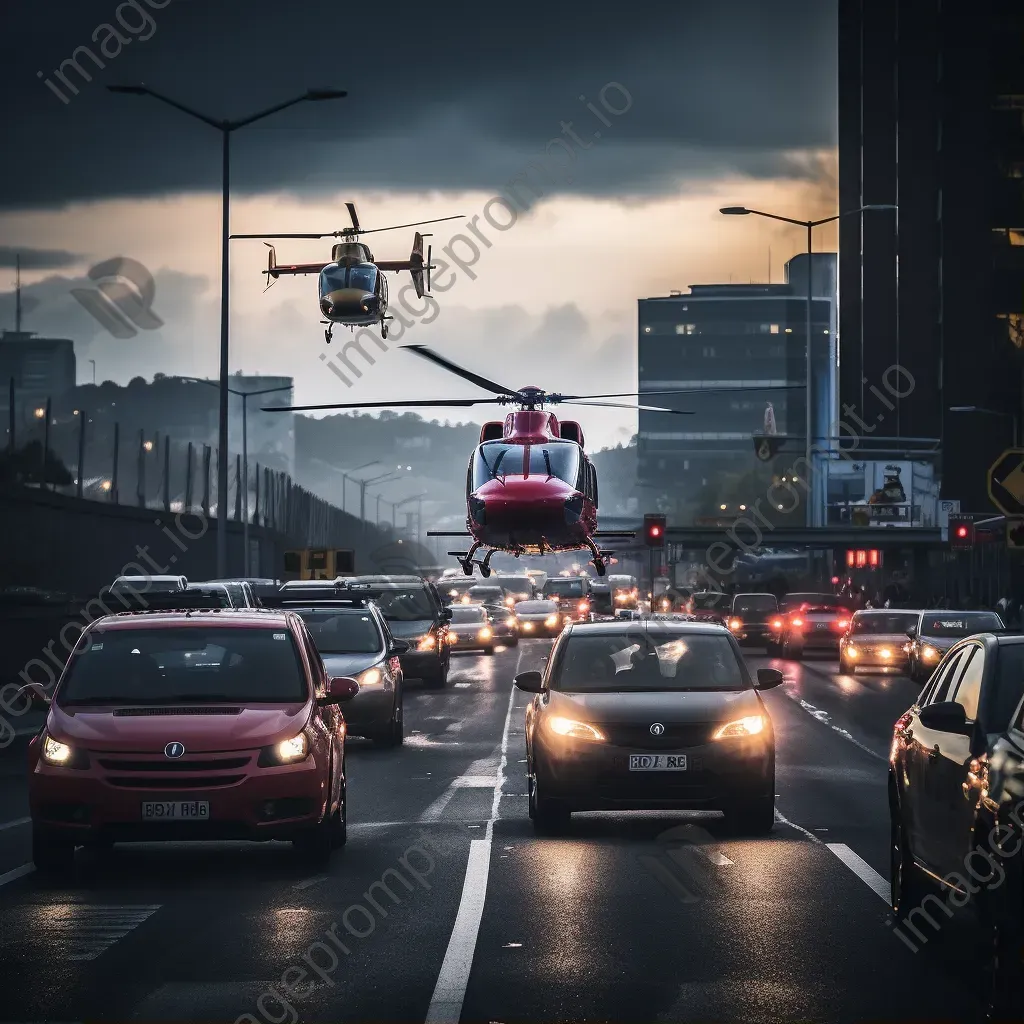 Urban traffic jam with helicopter monitoring, aerial view - Image 1