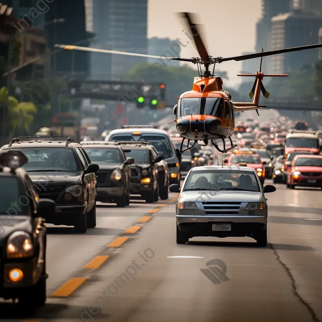 Urban traffic jam with helicopter monitoring, aerial view - Image 2