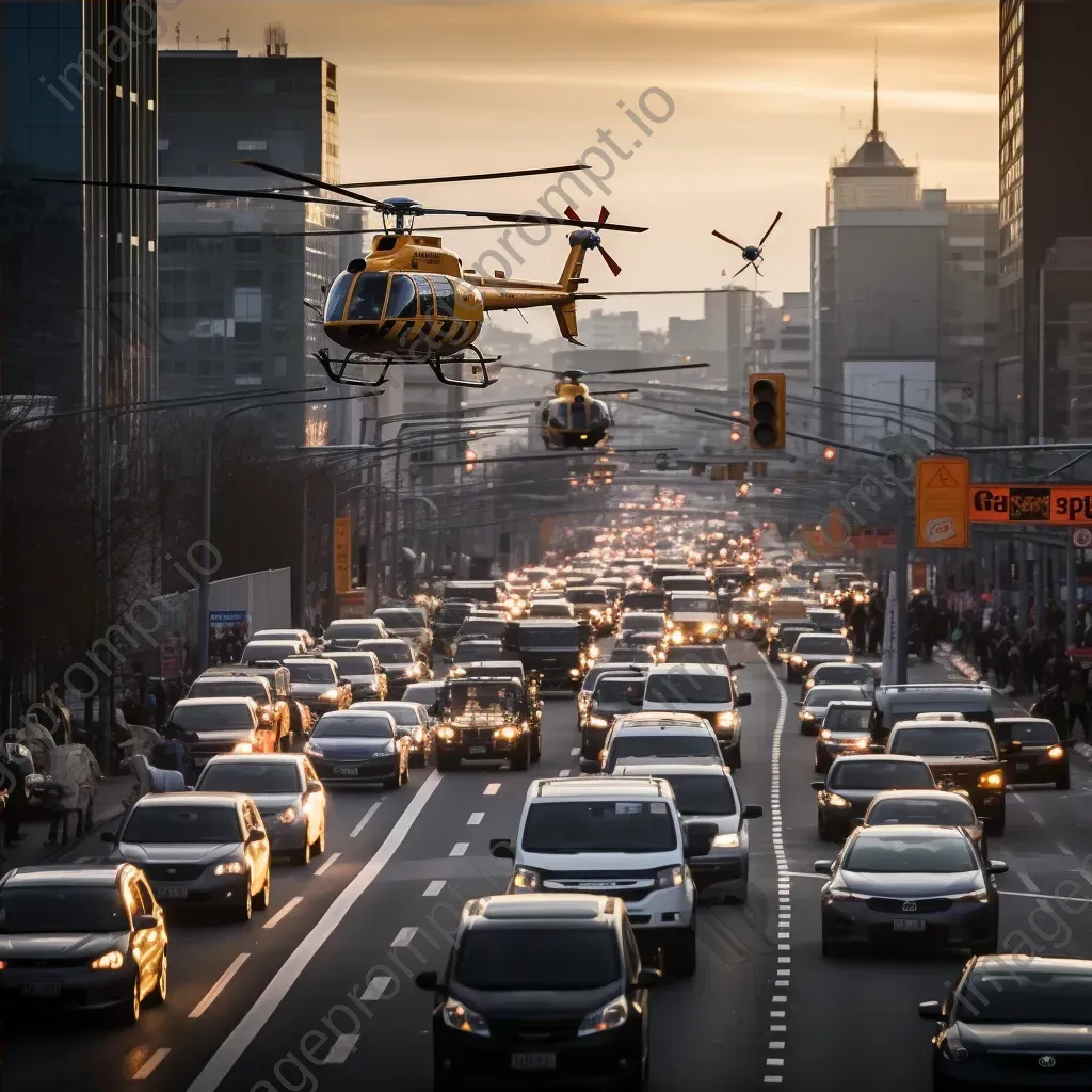 Urban traffic jam with helicopter monitoring, aerial view - Image 4