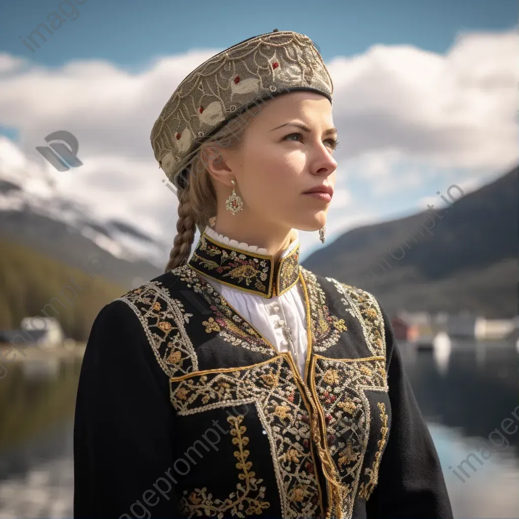 Woman in Norwegian Bunad traditional costume with intricate embroidery and silver accessories in a scenic fjord village. - Image 1