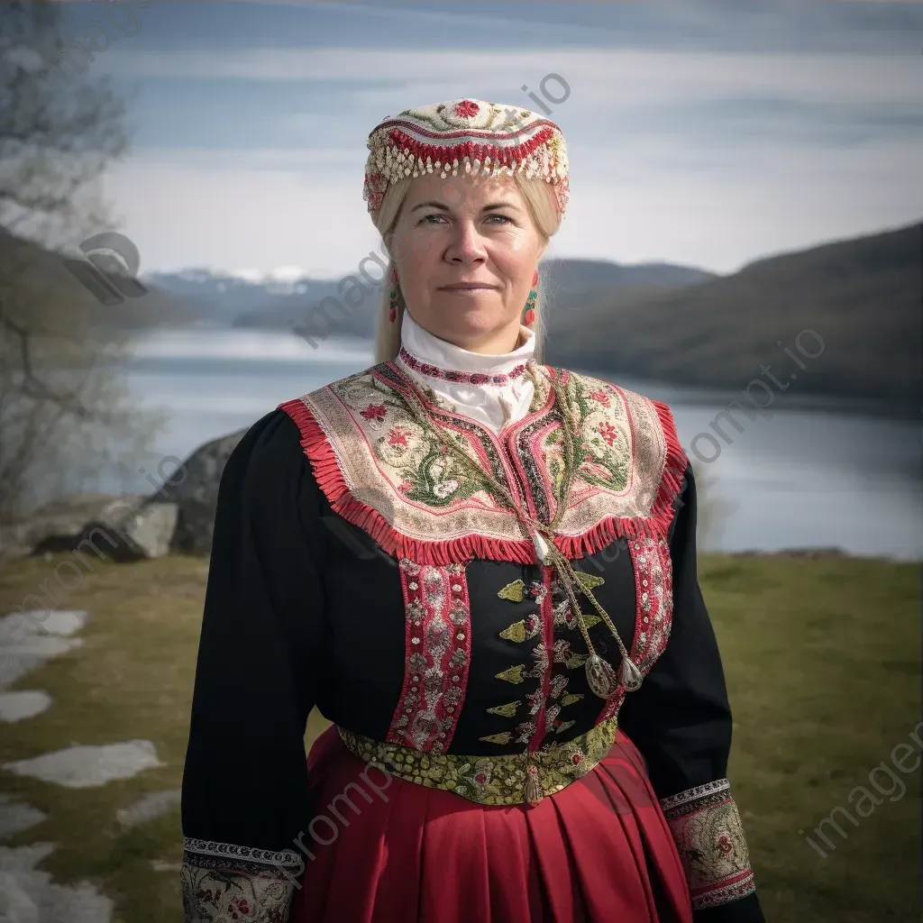 Woman in Norwegian Bunad traditional costume with intricate embroidery and silver accessories in a scenic fjord village. - Image 3