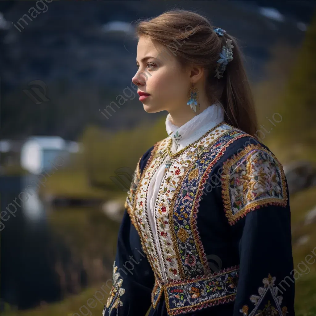 Woman in Norwegian Bunad traditional costume with intricate embroidery and silver accessories in a scenic fjord village. - Image 4