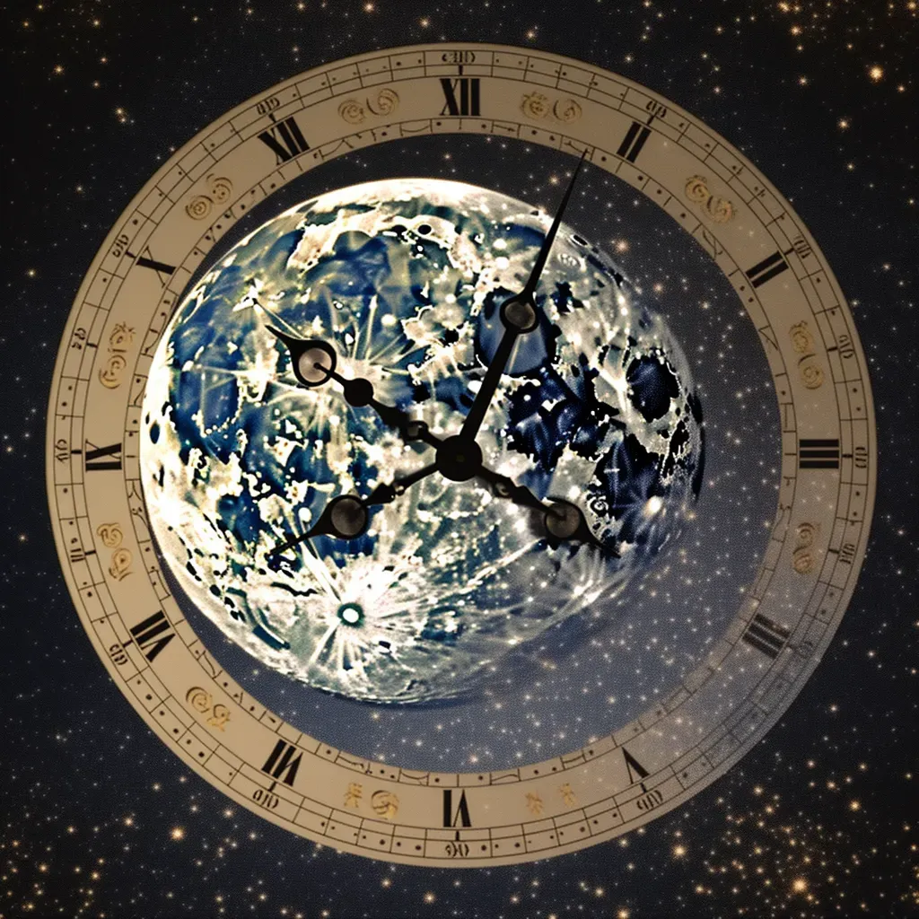 Clock face superimposed on full moon in starry night sky - Image 1