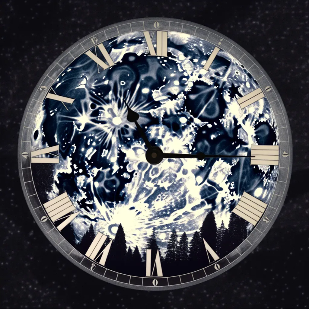 Clock face superimposed on full moon in starry night sky - Image 2