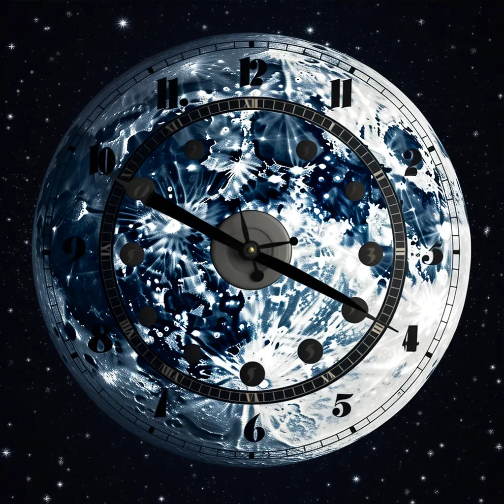 Clock face superimposed on full moon in starry night sky - Image 3