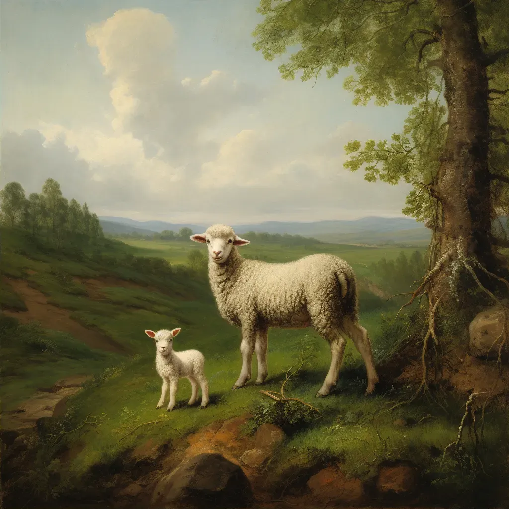 Picture of a newborn lamb in a green meadow with an old sheep watching proudly - Image 2