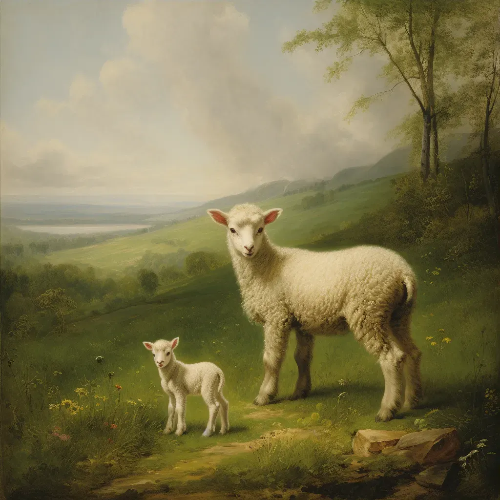 Picture of a newborn lamb in a green meadow with an old sheep watching proudly - Image 3