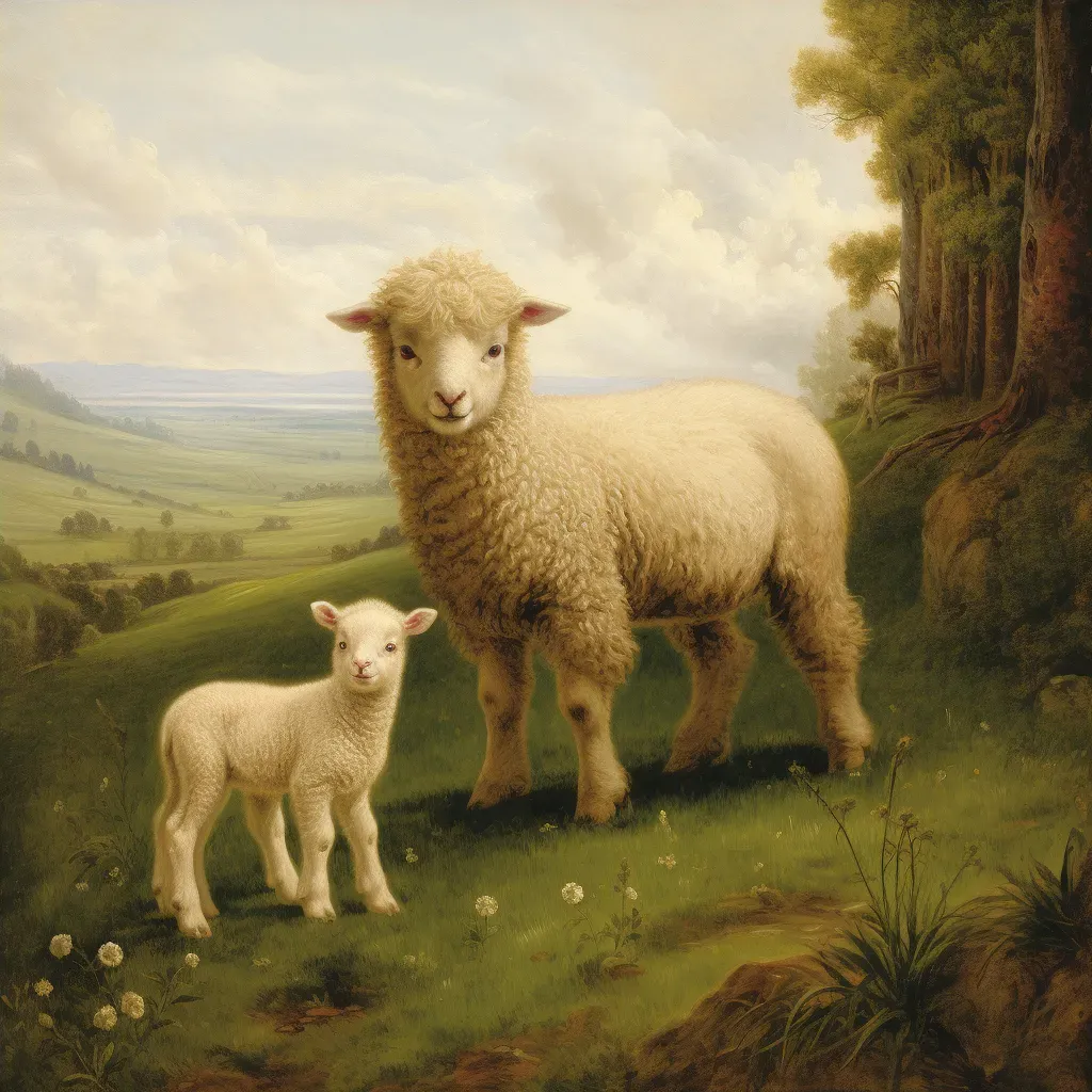 Picture of a newborn lamb in a green meadow with an old sheep watching proudly - Image 4