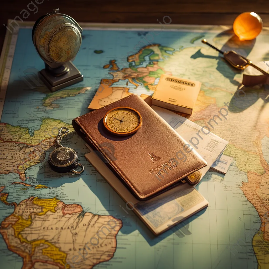 Leather passport cover on open world map with travel tickets - Image 3