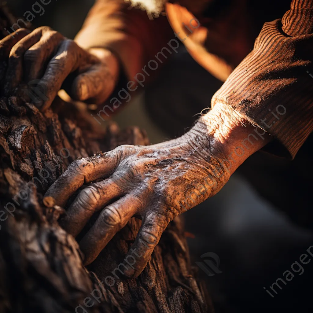 Close-up of hands peeling cork bark from a tree - Image 3