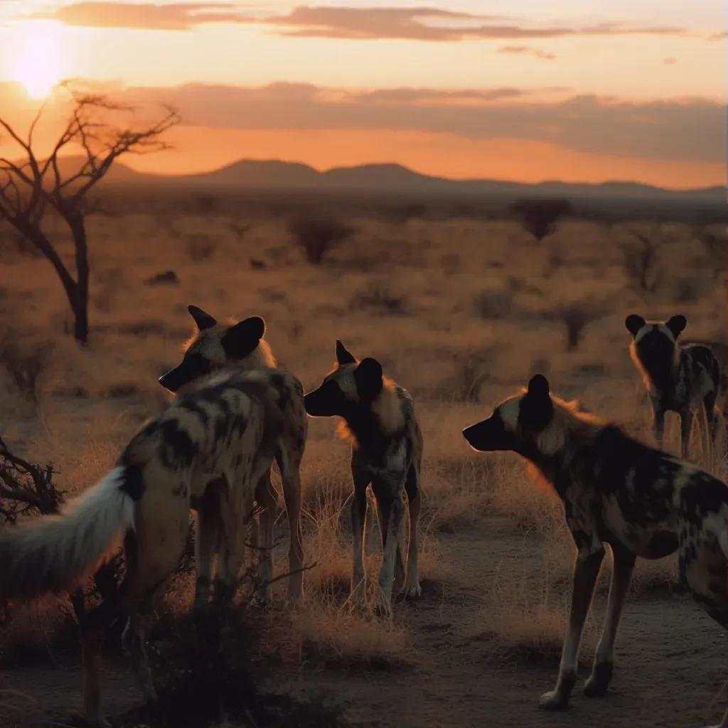 Image of a family of endangered African wild dogs on the savanna landscape at sunset - Image 1