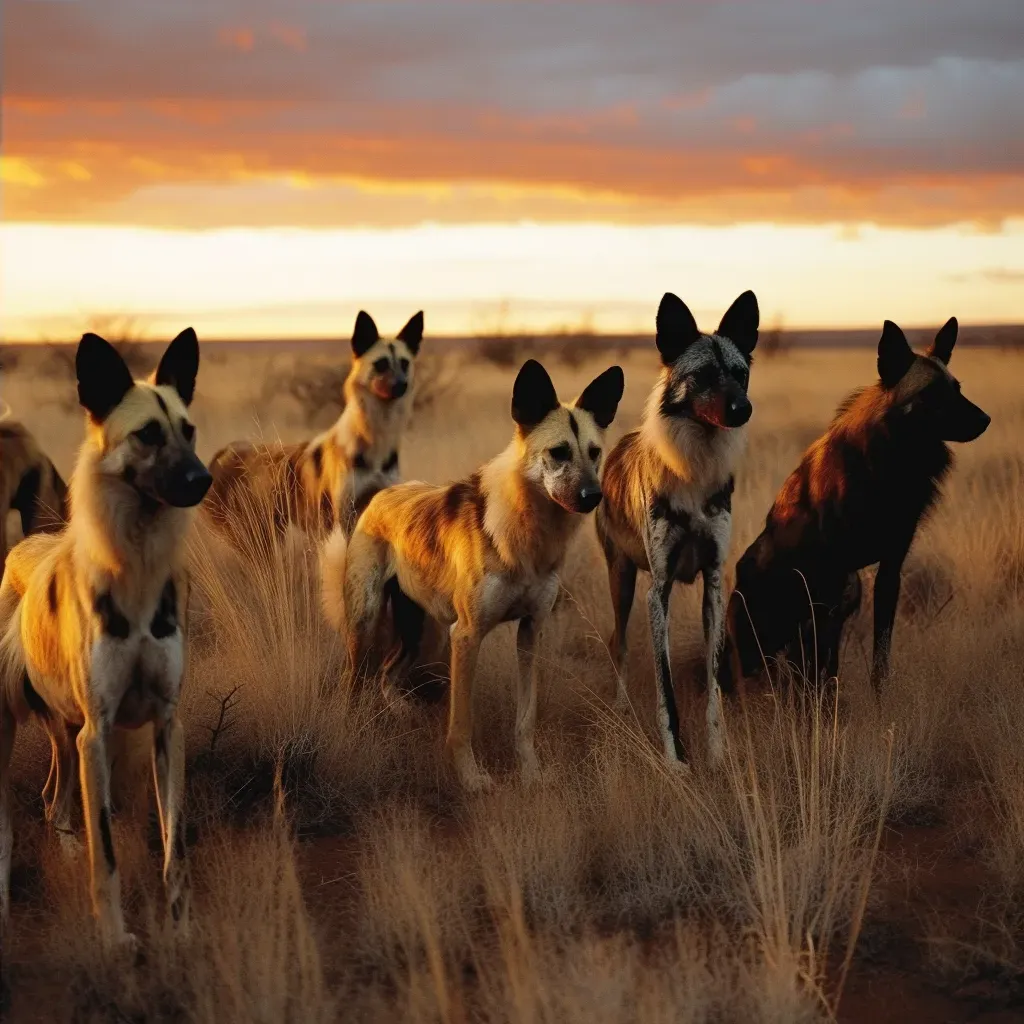 Image of a family of endangered African wild dogs on the savanna landscape at sunset - Image 4