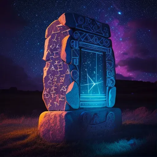 Image of an ancient stone monument with glowing runes under a starlit sky - Image 1