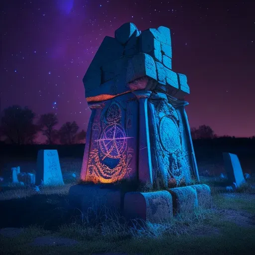 Image of an ancient stone monument with glowing runes under a starlit sky - Image 2