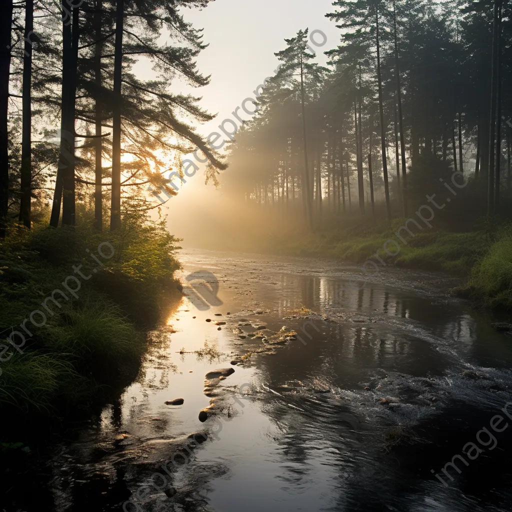 A river in a misty forest reflecting morning light - Image 1