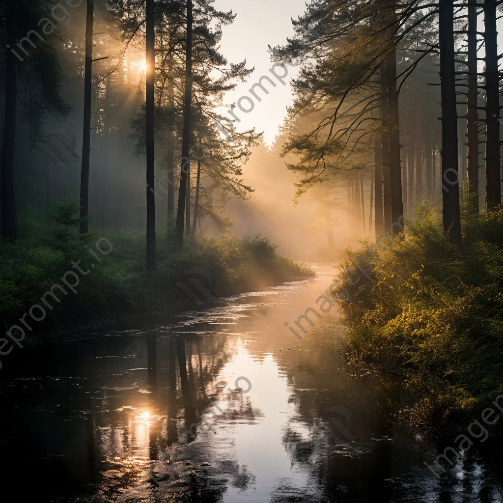 A river in a misty forest reflecting morning light - Image 2