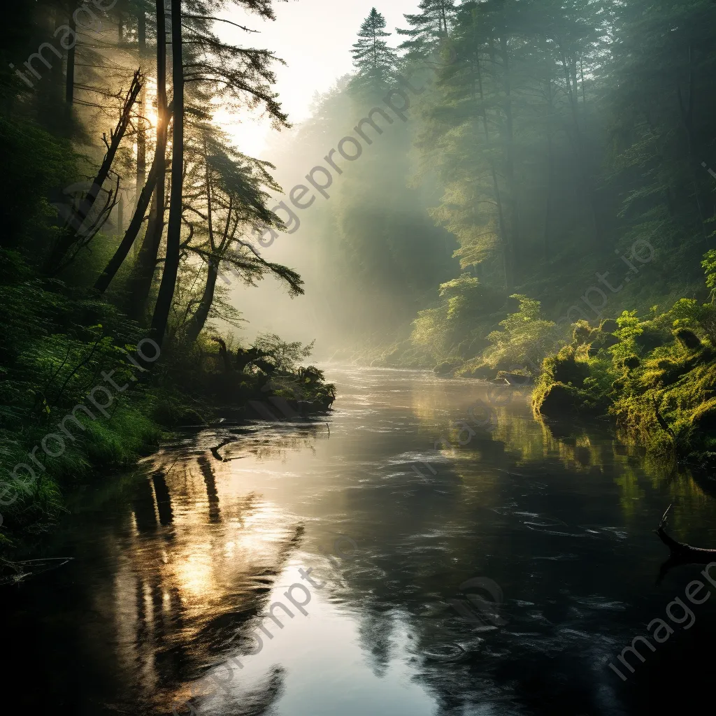 A river in a misty forest reflecting morning light - Image 3