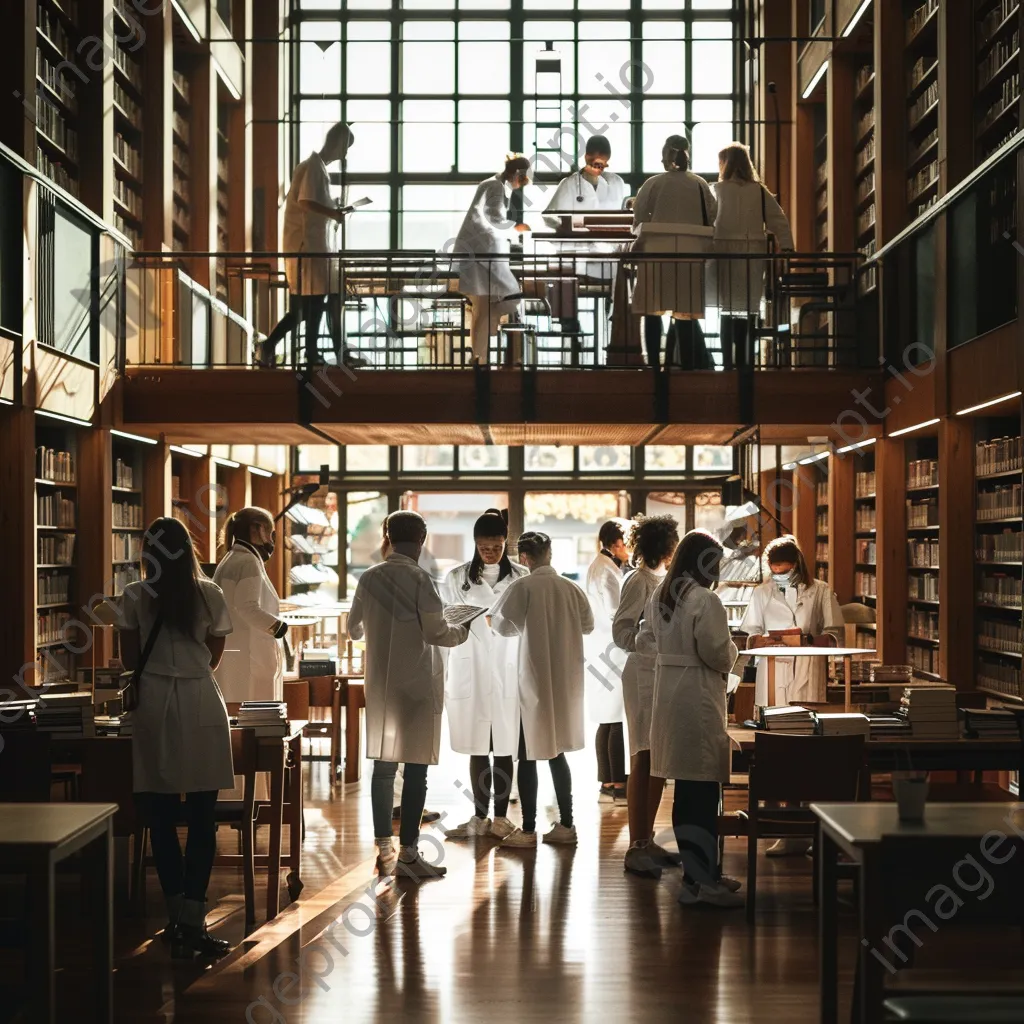 Medical students studying together in library filled with books - Image 1