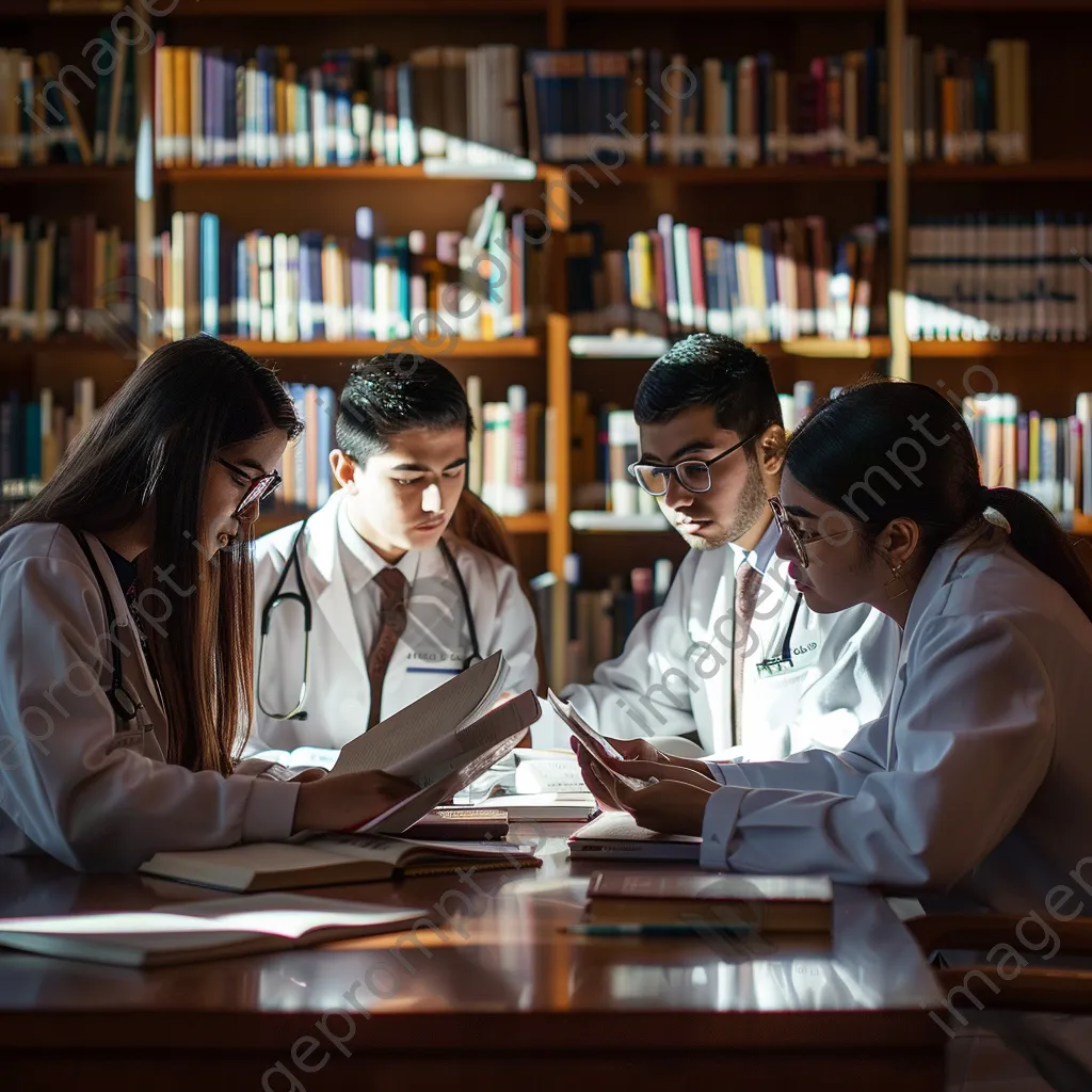 Medical students studying together in library filled with books - Image 3