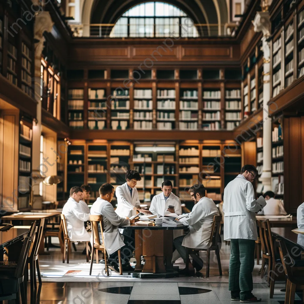 Medical students studying together in library filled with books - Image 4