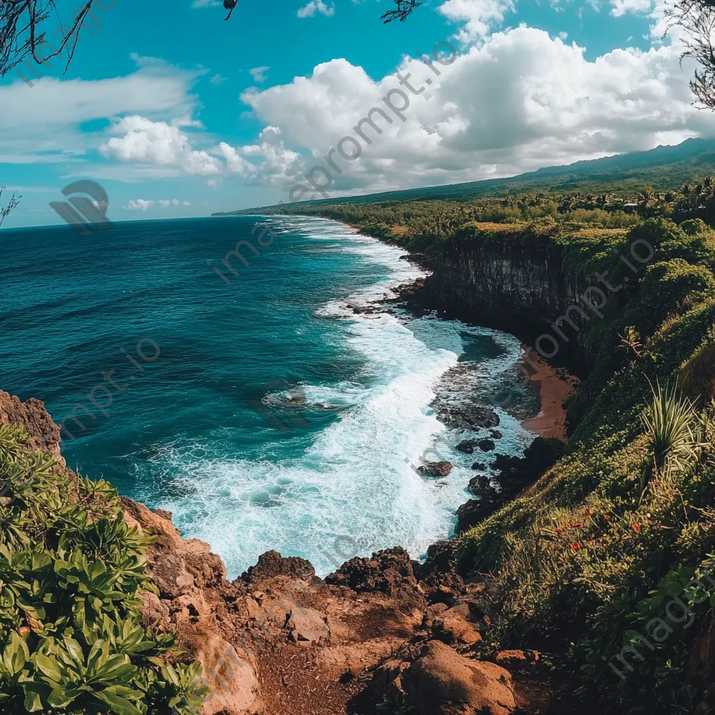 Cliffside view of the beach with dramatic waves and lush greenery under a blue sky. - Image 1