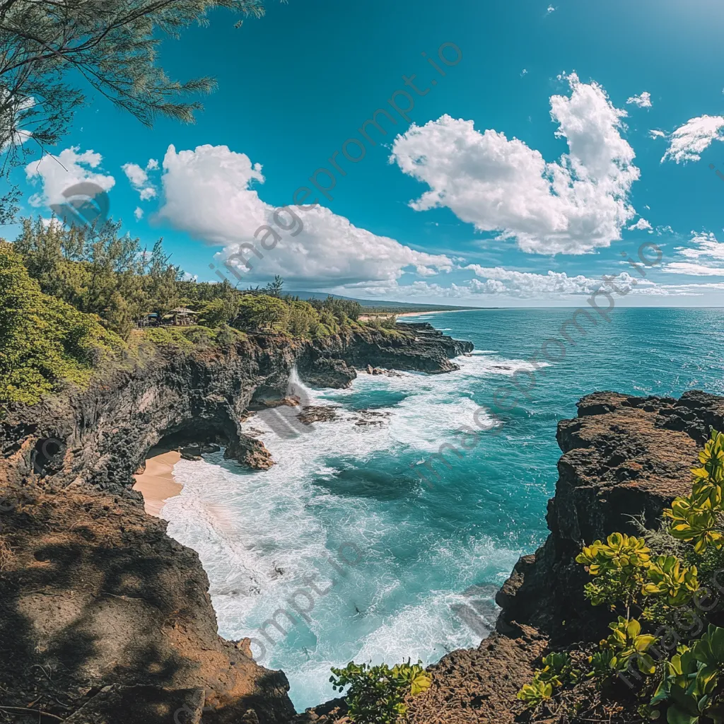 Cliffside view of the beach with dramatic waves and lush greenery under a blue sky. - Image 2