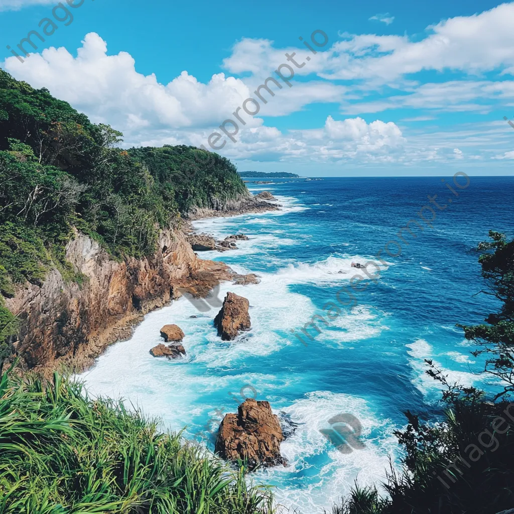 Cliffside view of the beach with dramatic waves and lush greenery under a blue sky. - Image 4