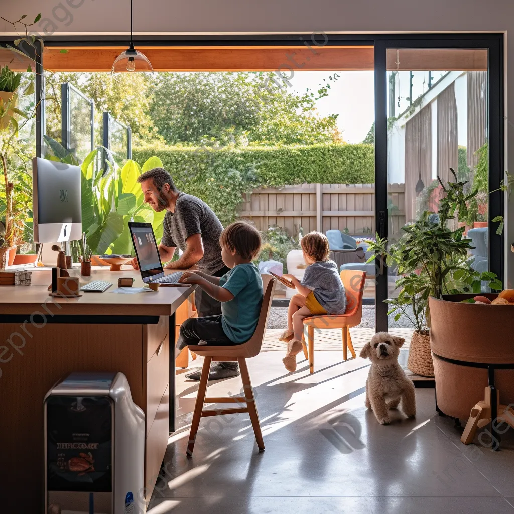 Parent working at a desk with children playing nearby - Image 1