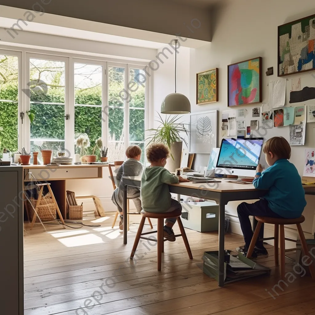 Parent working at a desk with children playing nearby - Image 2