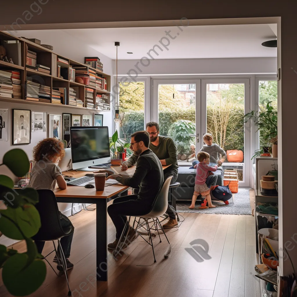 Parent working at a desk with children playing nearby - Image 3