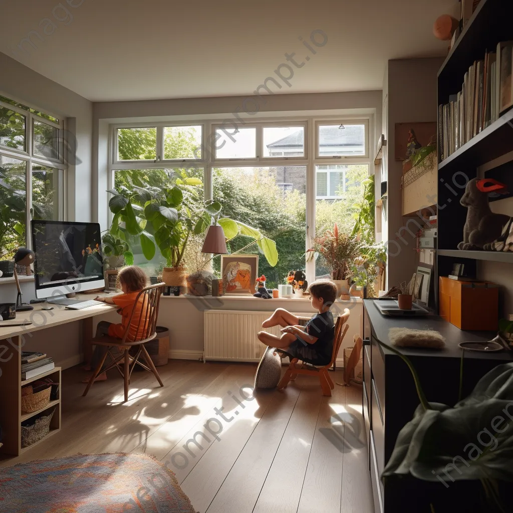 Parent working at a desk with children playing nearby - Image 4