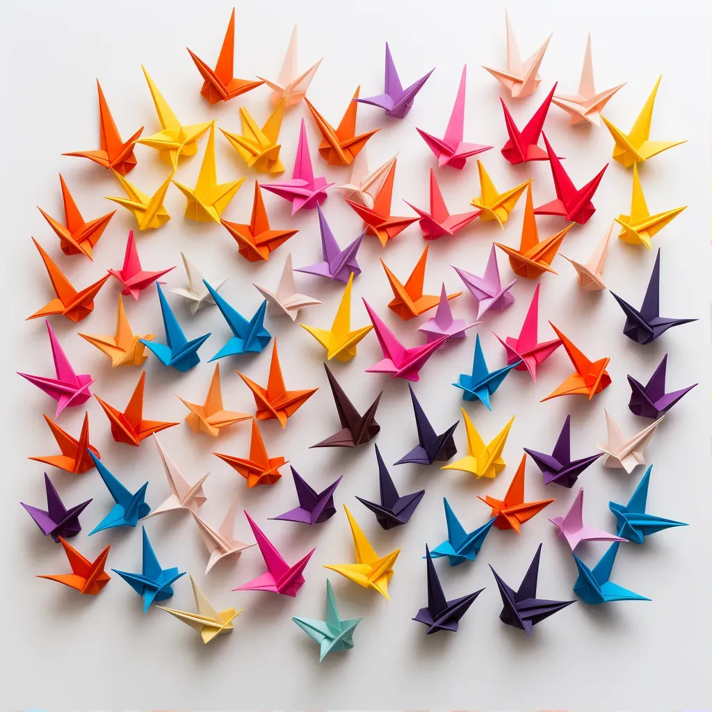 Pattern of aligned vibrant origami cranes against a white background - Image 1