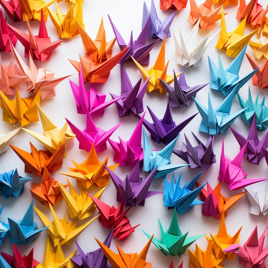 Pattern of aligned vibrant origami cranes against a white background - Image 2