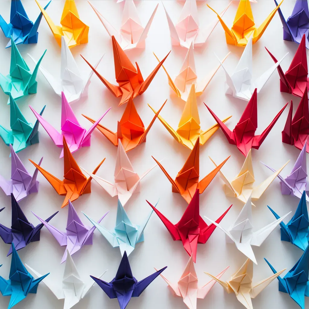 Pattern of aligned vibrant origami cranes against a white background - Image 3