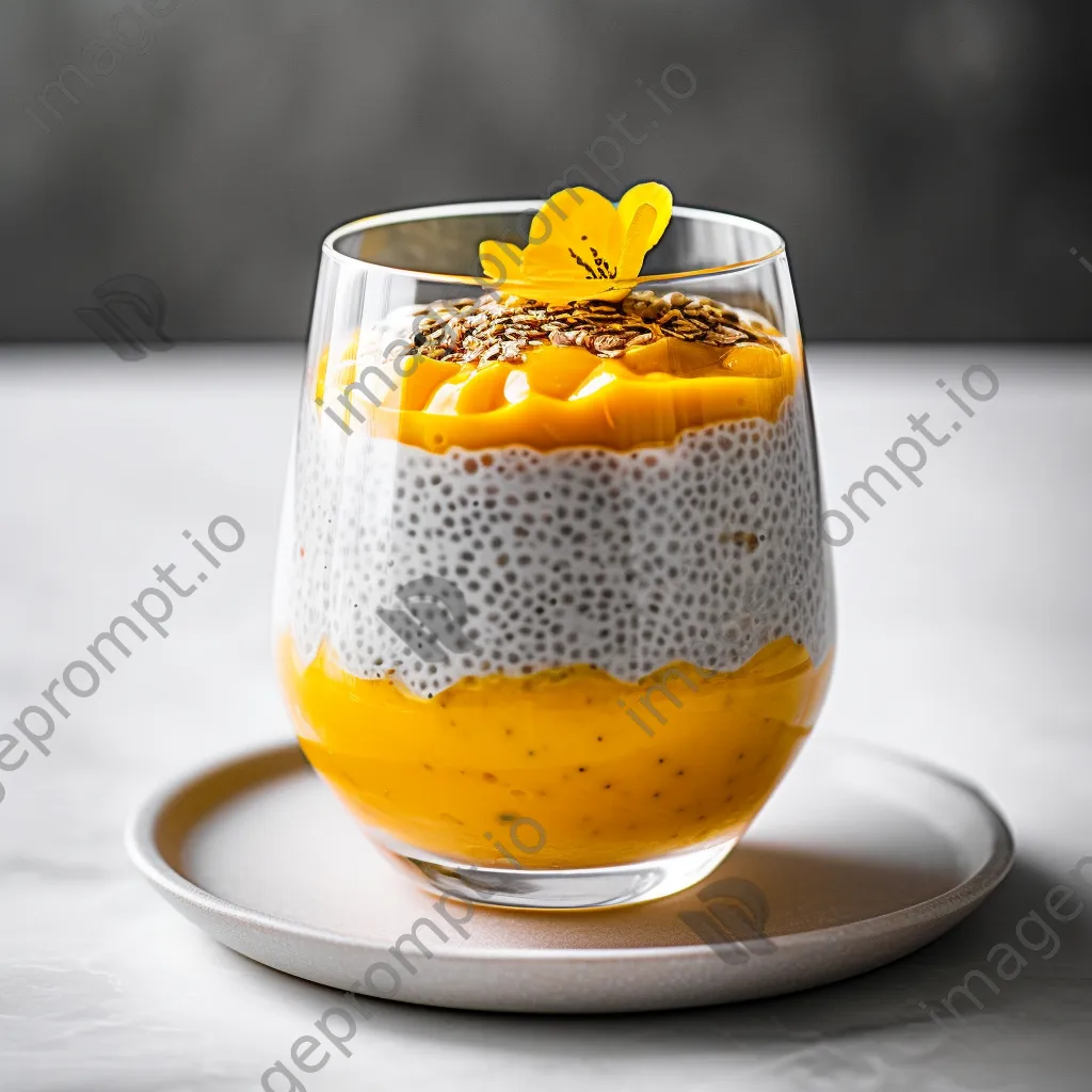 A glass of chia pudding layered with mango puree and coconut on a marble surface. - Image 1