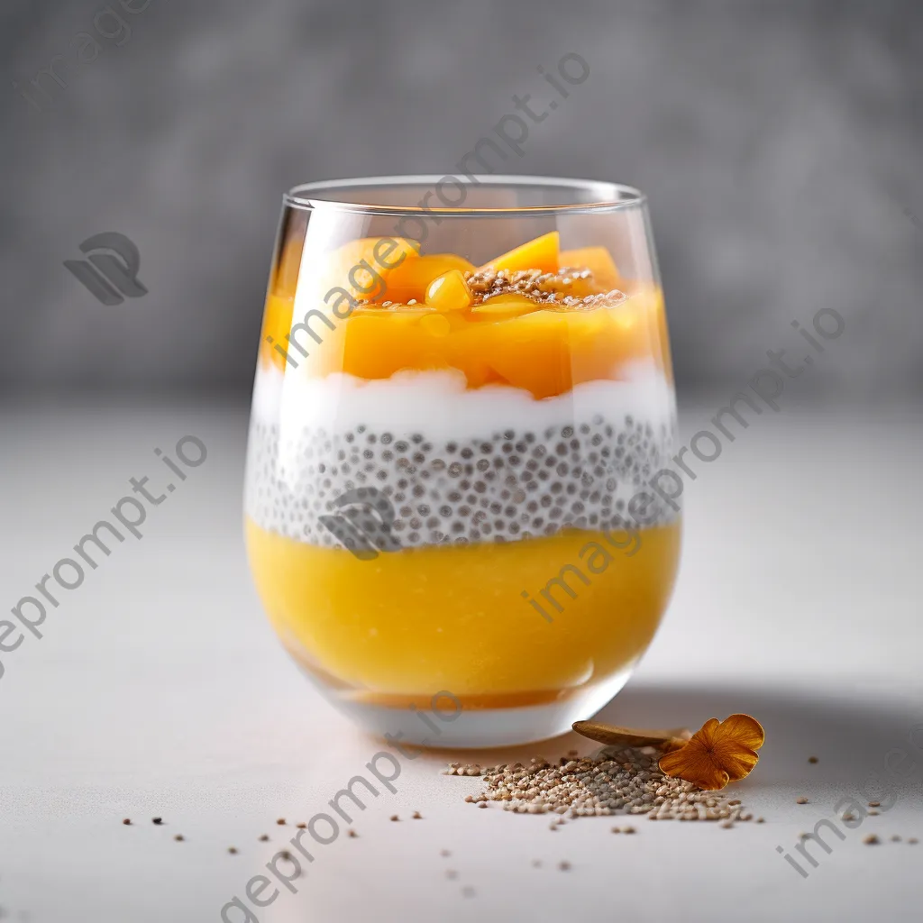 A glass of chia pudding layered with mango puree and coconut on a marble surface. - Image 2